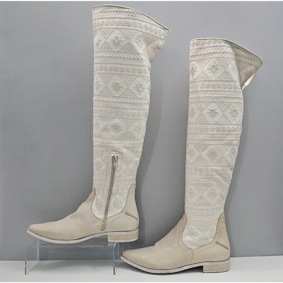 NEW Free People Bren Knee High Boot Womens EU 38 Cream Embroidered Boho Slouchy - Picture 2 of 15